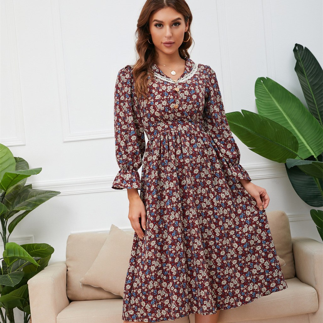 Ditsy Floral Print Lace Collar Long Sleeve Ruffle Cuff A-Line Midi Dress