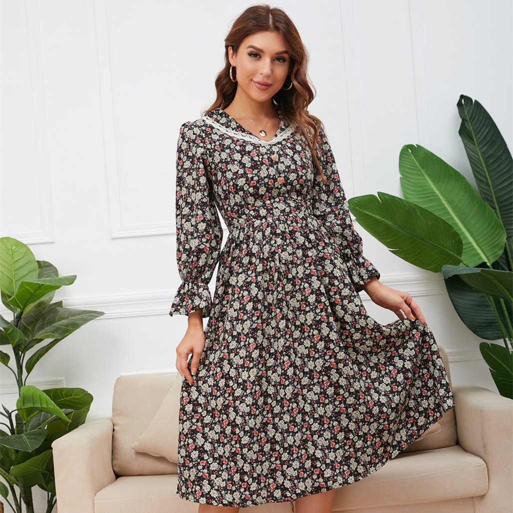 Ditsy Floral Print Lace Collar Long Sleeve Ruffle Cuff A-Line Midi Dress