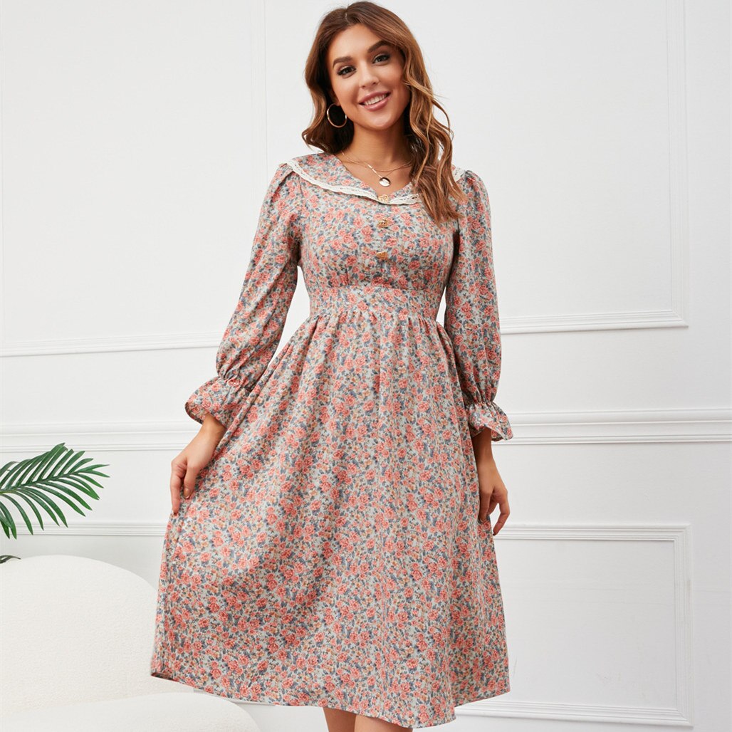 Ditsy Floral Print Lace Collar Long Sleeve Ruffle Cuff A-Line Midi Dress