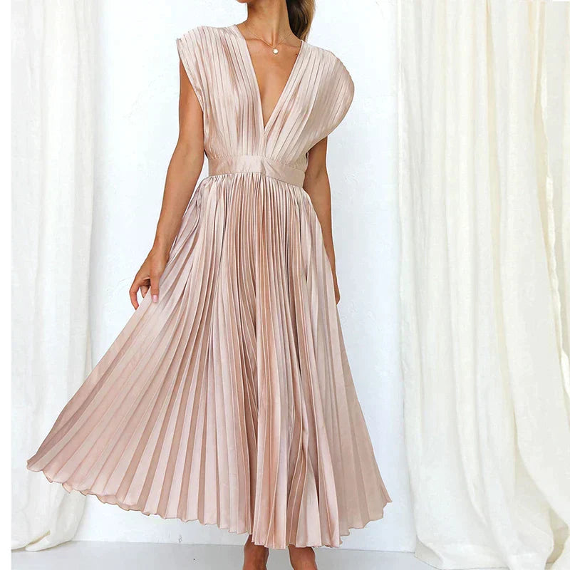 Accordion Pleat V-Neck Cap Sleeve Fit and Flare Midi Dress