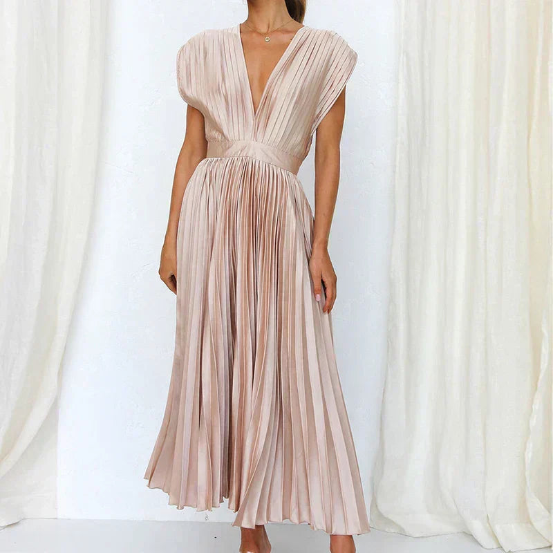 Pleated Surplice V-Neck Cap Sleeve A-Line Midi Dress