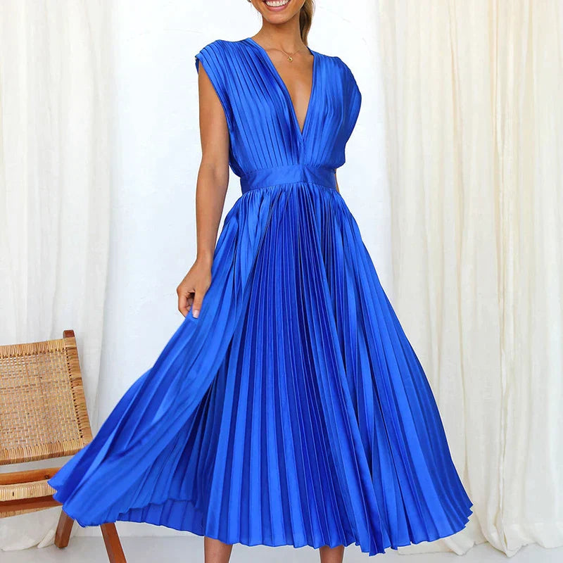 Accordion Pleat V-Neck Cap Sleeve Fit and Flare Midi Dress