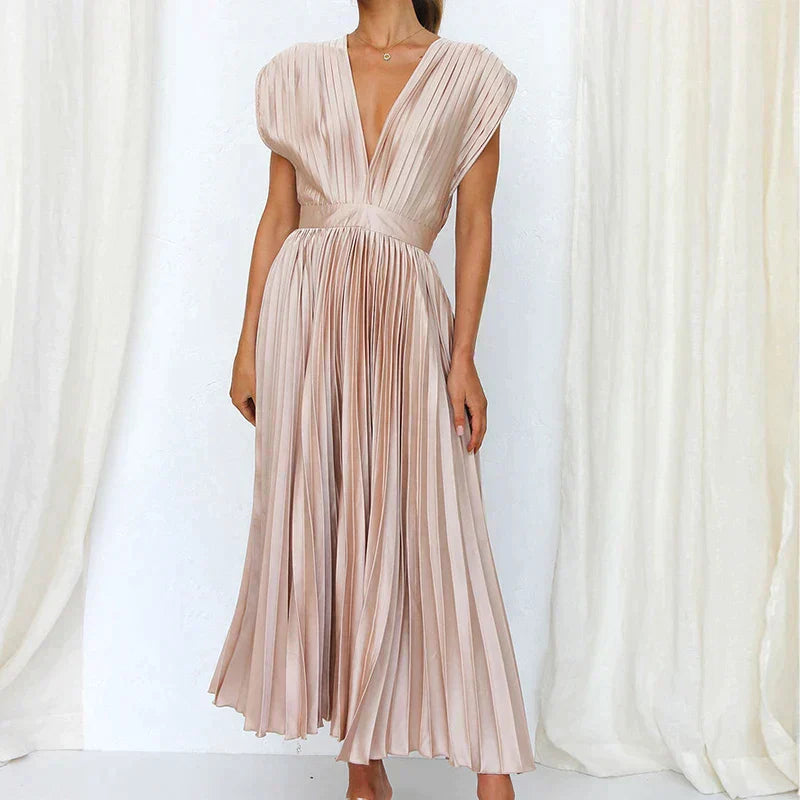 Accordion Pleat V-Neck Cap Sleeve Fit and Flare Midi Dress