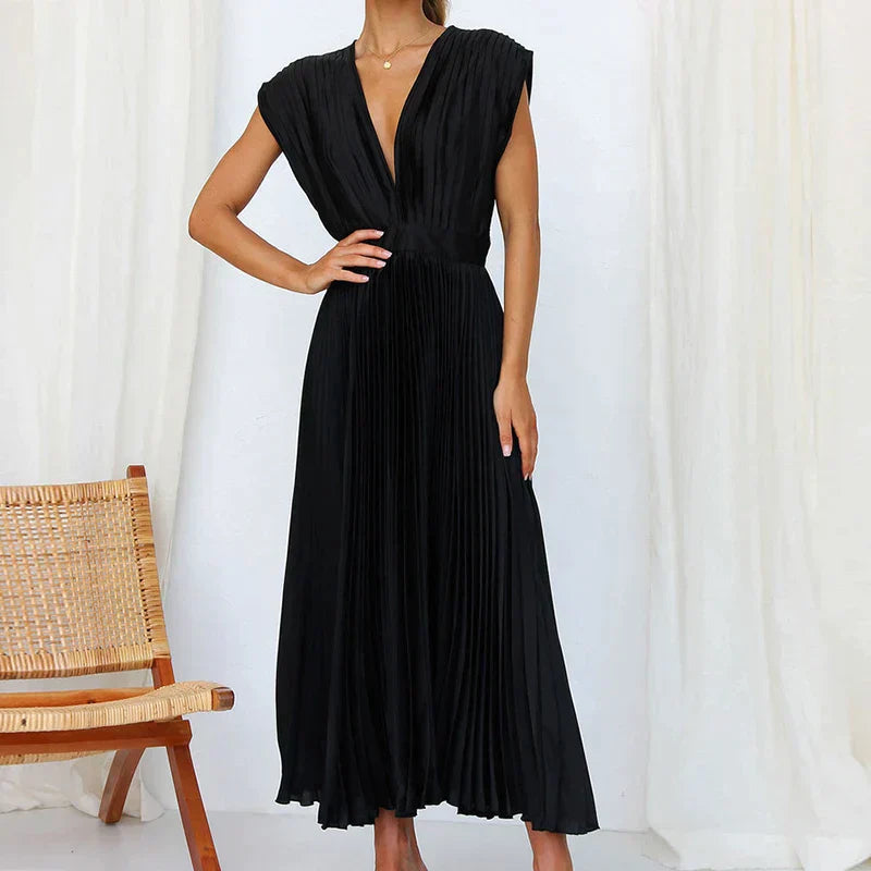 Accordion Pleat V-Neck Cap Sleeve Fit and Flare Midi Dress