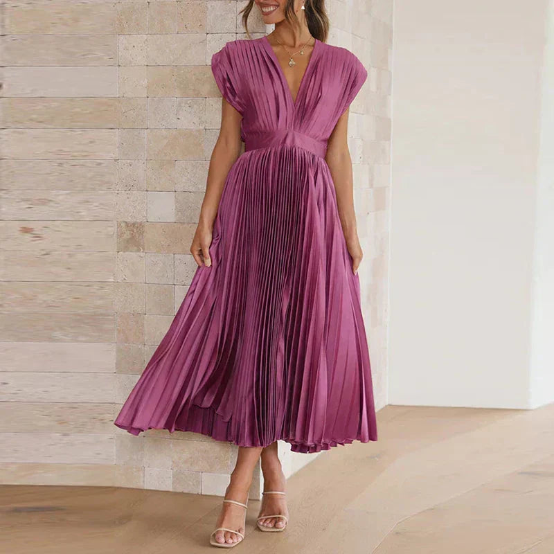 Pleated Surplice V-Neck Cap Sleeve A-Line Midi Dress