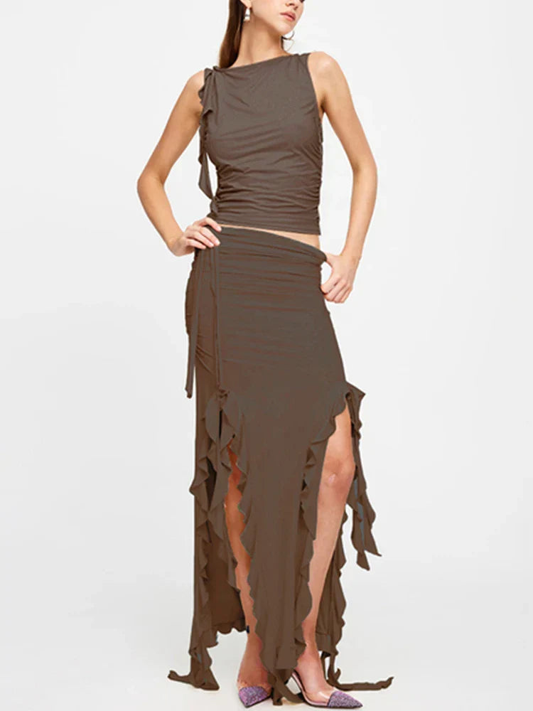Ruched High Neck Crop Top Ruffle Split Midi Skirt Set