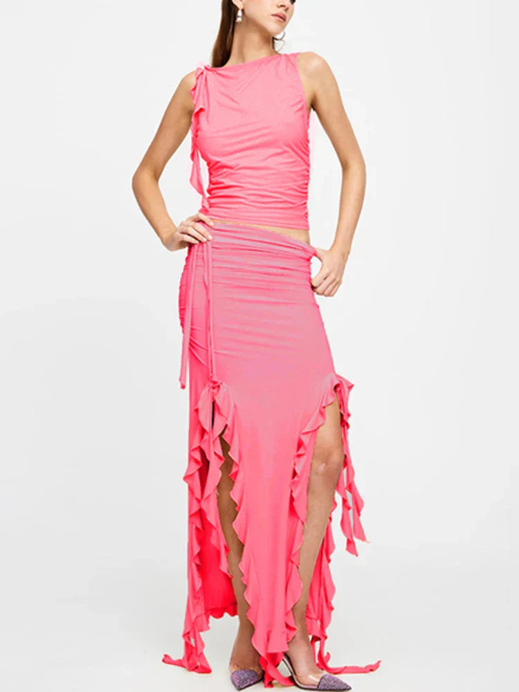 Ruched High Neck Crop Top Ruffle Split Midi Skirt Set