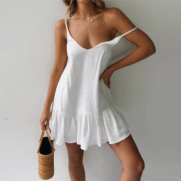 Linen Texture Spaghetti Strap Tiered Ruffle Hem Mini Dress