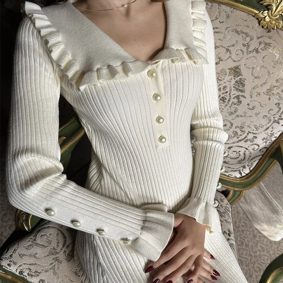 Rib Knit Peter Pan Collar Button Front Ruffle Cuff Midi Dress