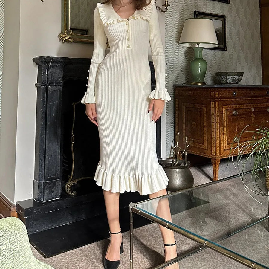 Rib Knit Peter Pan Collar Button Front Ruffle Cuff Midi Dress