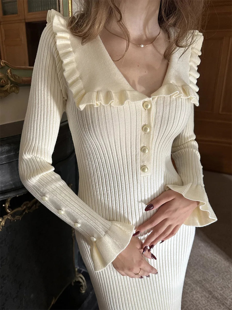 Rib Knit Peter Pan Collar Button Front Ruffle Cuff Midi Dress