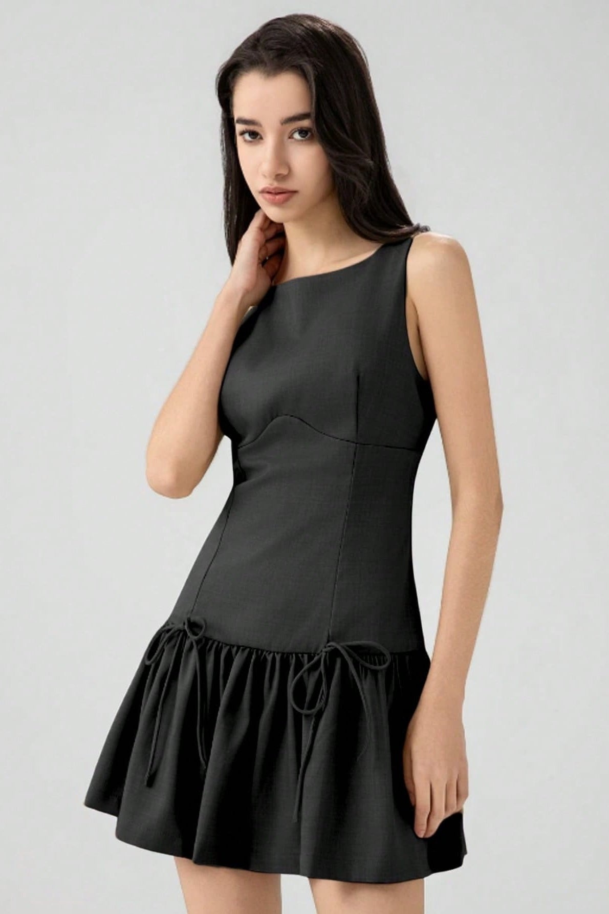 Crew Neck Dropped-Waist Bow-Tie Flounce Mini Dress