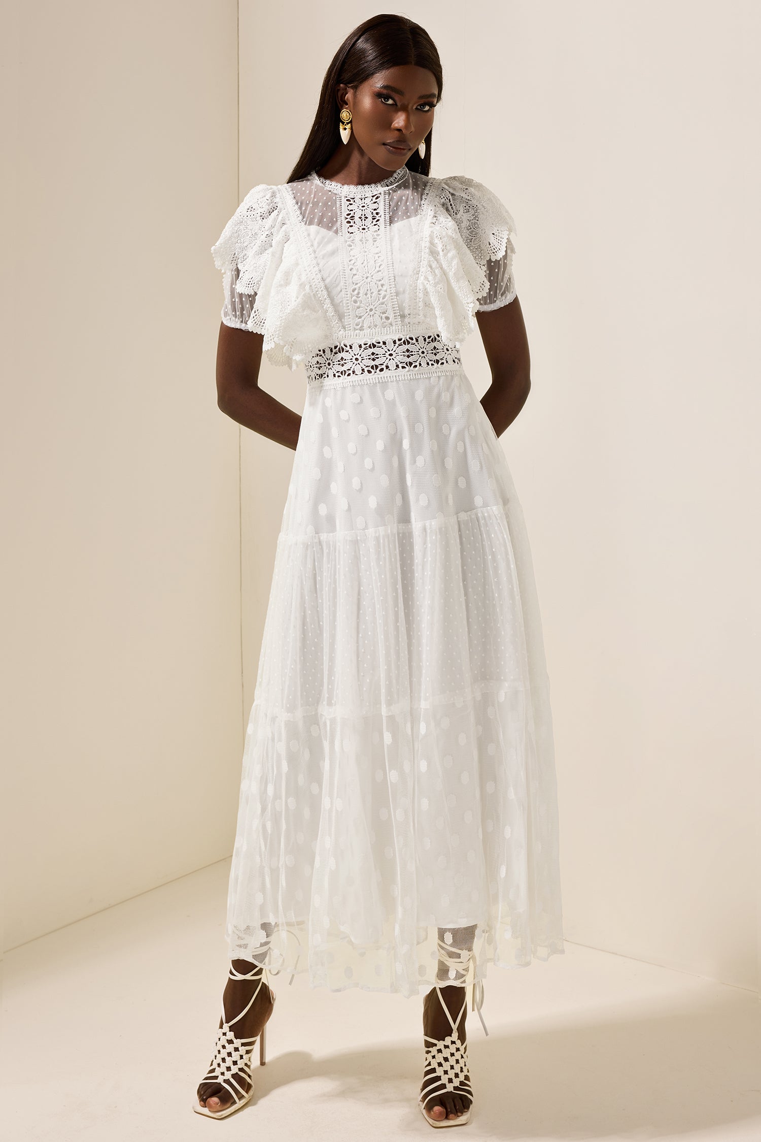 Mesh Fril Mesh Lace Frill Midi Dress