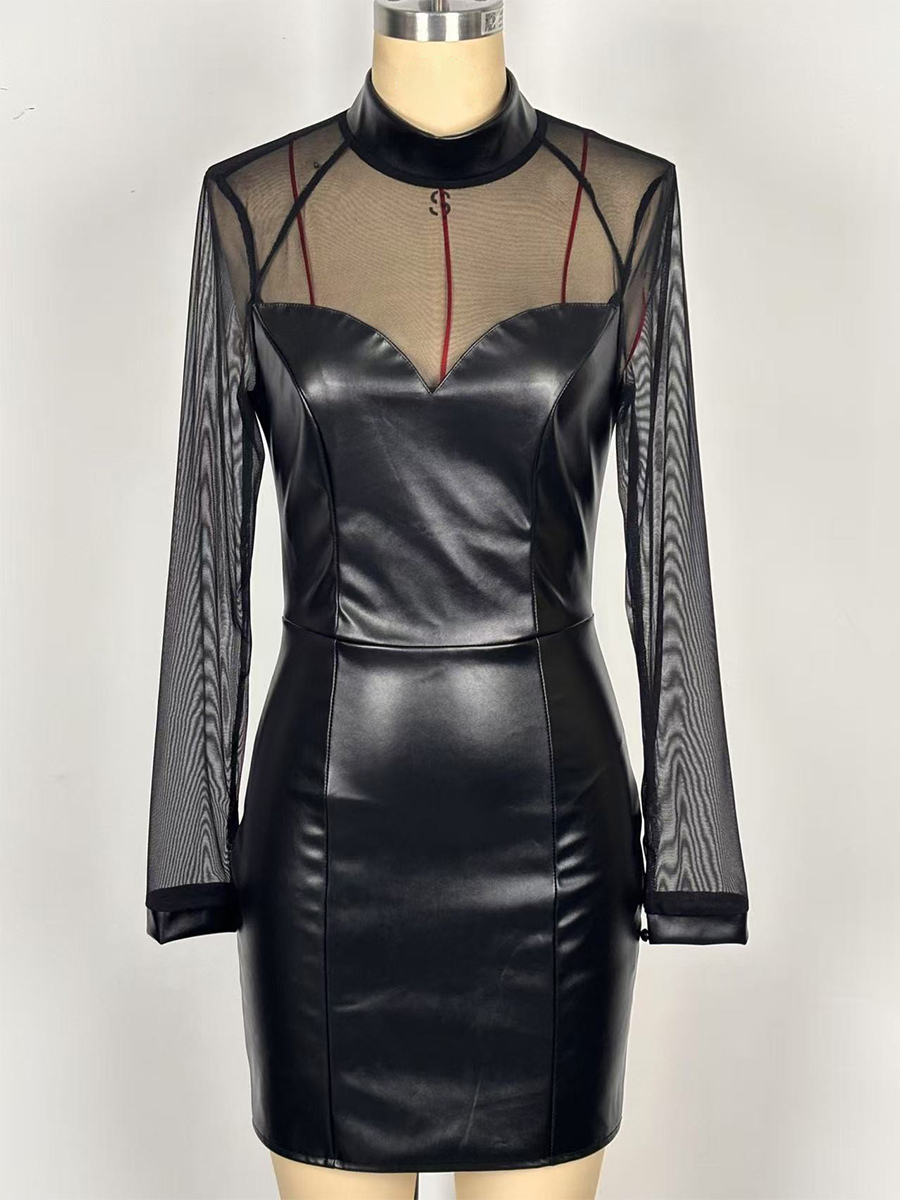 Black Mesh Patchwork Faux Leather Bodycon Mini Dress For Women 2026