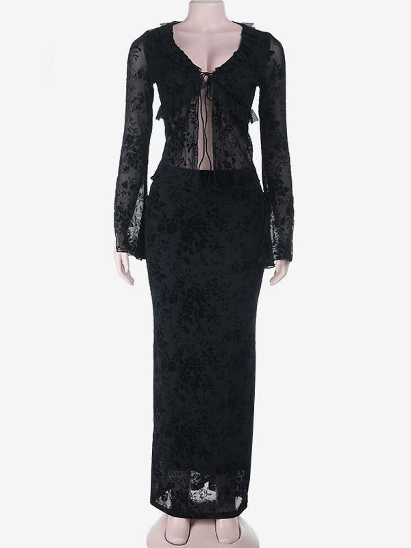 Black Flock Floral Women's 2 Piece Set - Tie Front Flare Sleeve Top & Maxi Skirt - Gothic Sheer Mesh Aesthetic Party Wear 2026