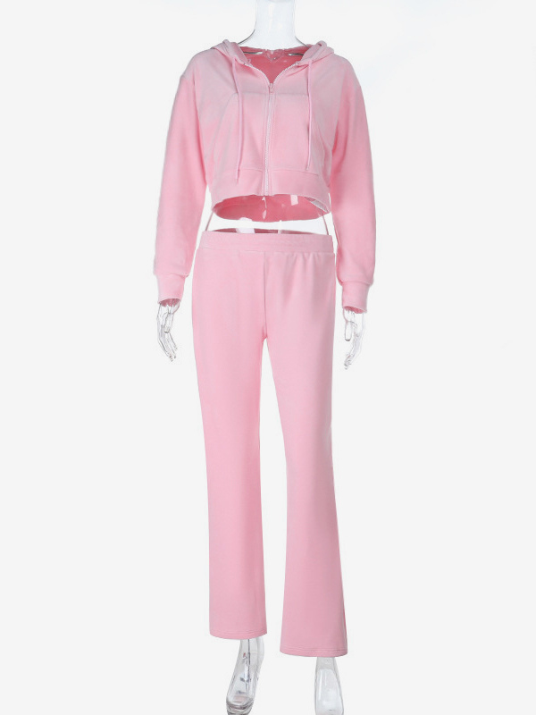 Pink Women's 2 Piece Tracksuit - Trendy Zip Up Cropped Hoodie & Straight Pants - Y2K Velour Style Spring Loungewear 2026