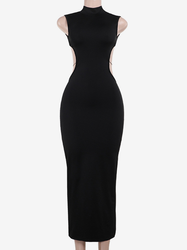 Backless Maxi Dress For Women - Butterfly Detail Mock Neck Black Bodycon Long Dress - Summer Night Out Clubwear 2026
