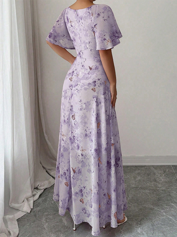 Butterfly Print Women's Chiffon Maxi Dress - Ruched Bust Flutter Sleeve Date Night Dress - Summer Garden Wedding Guest 2026