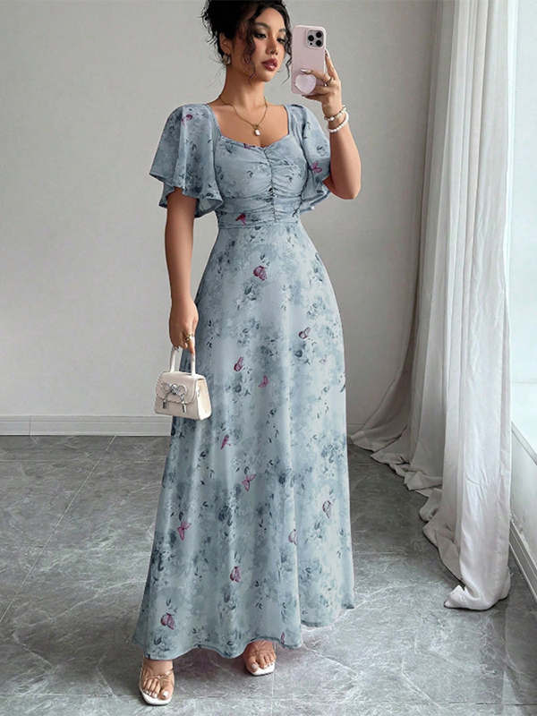 Butterfly Print Women's Chiffon Maxi Dress - Ruched Bust Flutter Sleeve Date Night Dress - Summer Garden Wedding Guest 2026