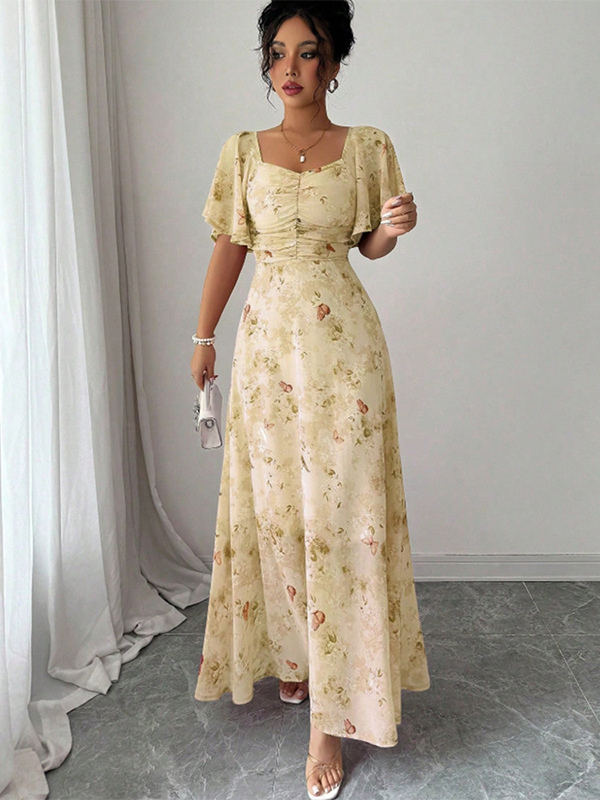Butterfly Print Women's Chiffon Maxi Dress - Ruched Bust Flutter Sleeve Date Night Dress - Summer Garden Wedding Guest 2026