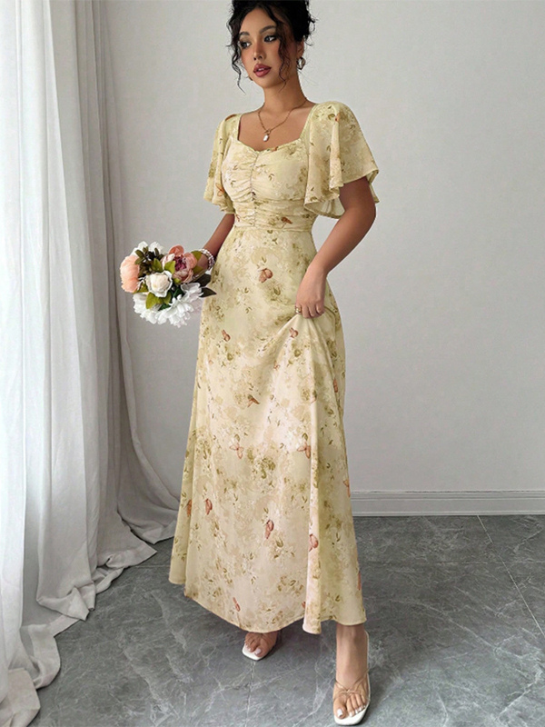 Butterfly Print Women's Chiffon Maxi Dress - Ruched Bust Flutter Sleeve Date Night Dress - Summer Garden Wedding Guest 2026