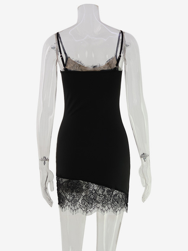 Lace Trim Slip Dress For Women - Black Y2K Aesthetic Sleeveless Bodycon Mini Dress - Summer Night Out Partywear 2026