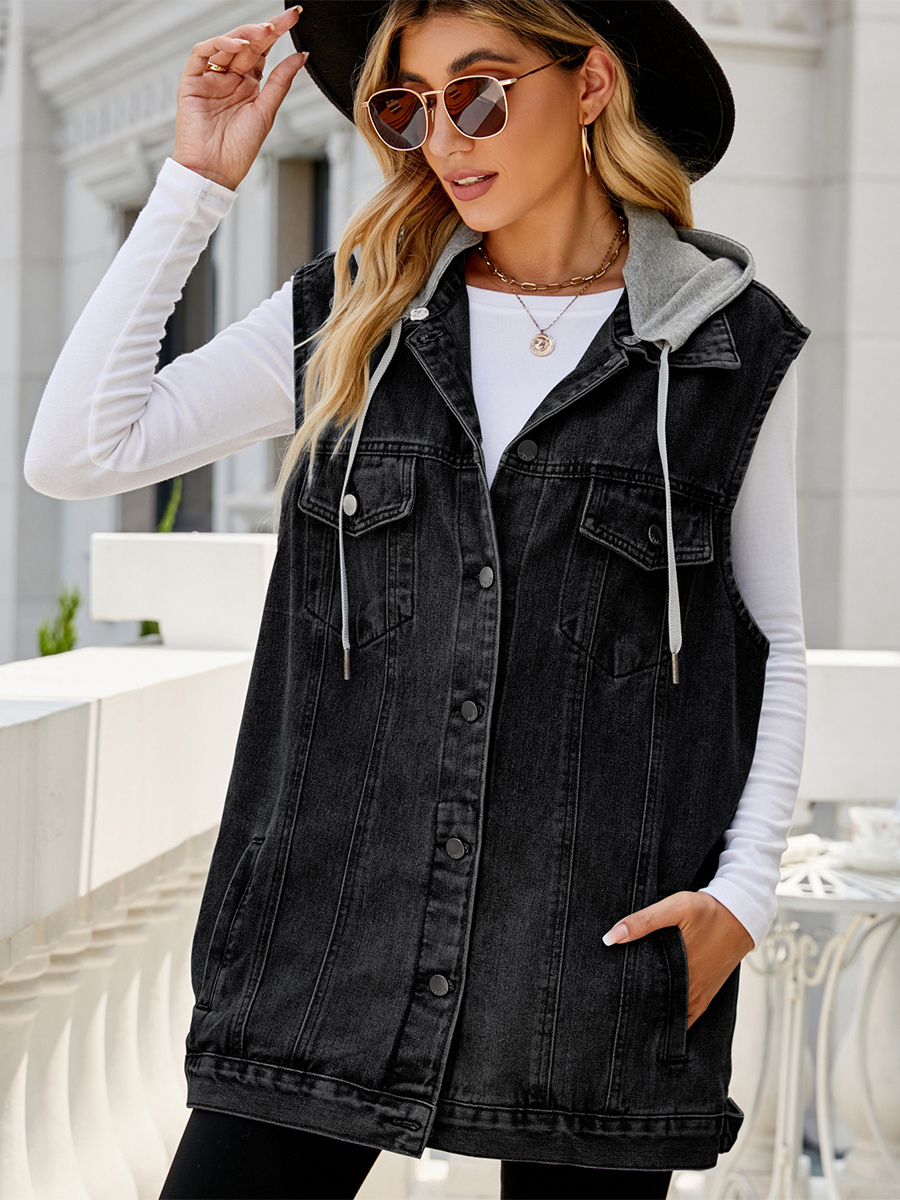 Hooded Denim Vest For Women - Oversized Longline Distressed Sleeveless Jean Jacket Coat - Spring Summer Streetwear 2026