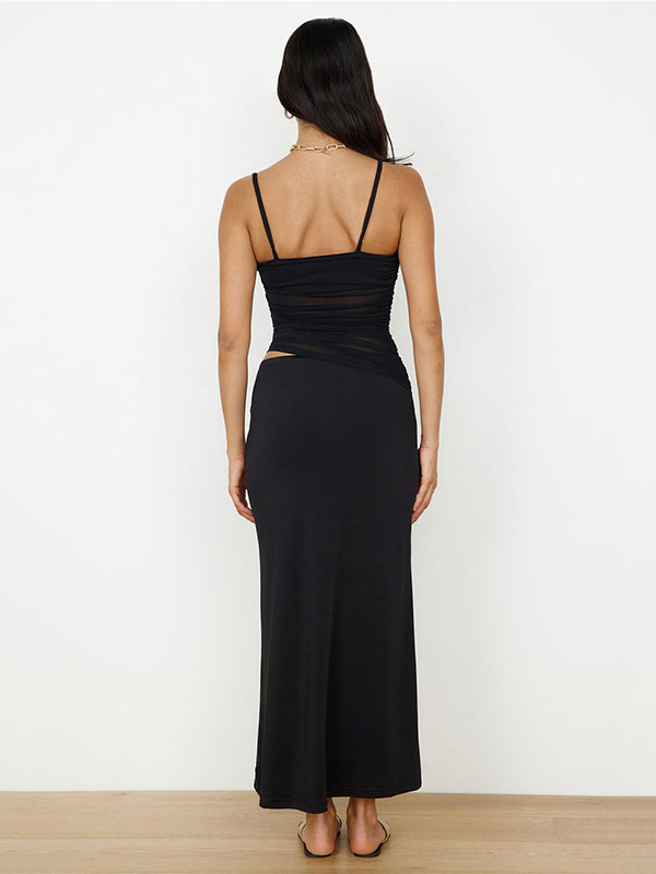 Two Piece Sets Black Street Wear Casual Straps Neck Pleated Sleeveless Top Skirt Set
