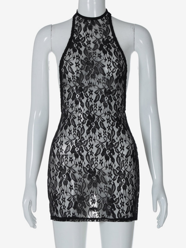 Night Out Dresses Black Floral Print Sleeveless Halter Sheer Summer Dress