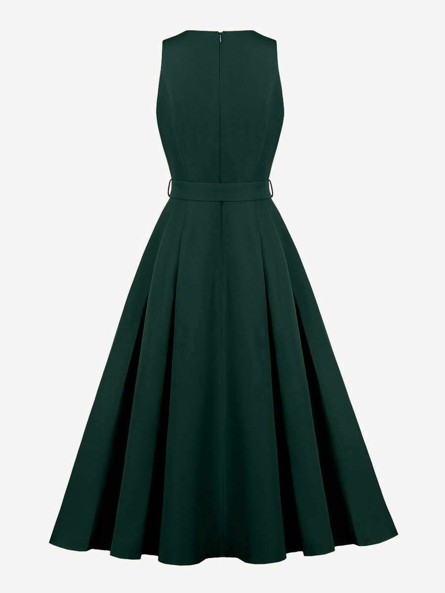 Daily Dresses Women's Sleeveless V Neck Belted Midi Dress Button Front A-Line Flare Dress