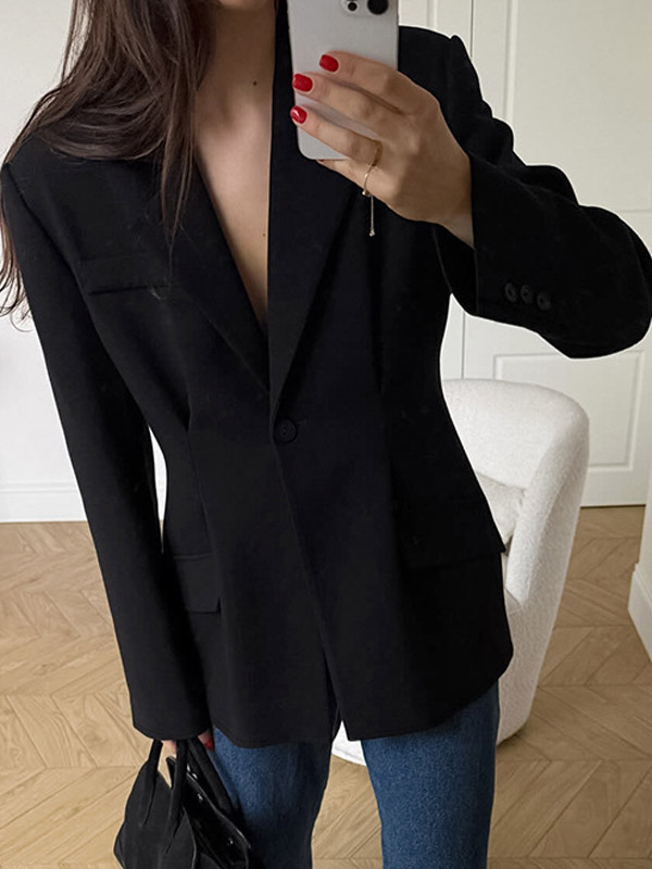 Women Notched Lapel Single Button Fitted Waist Tailored Black Blazer Jacket