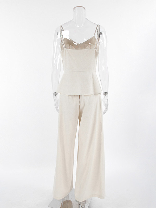 Women Spaghetti Strap V Neck Peplum Tank High Waist Pleated Wide Leg Pant 2 Piece Set