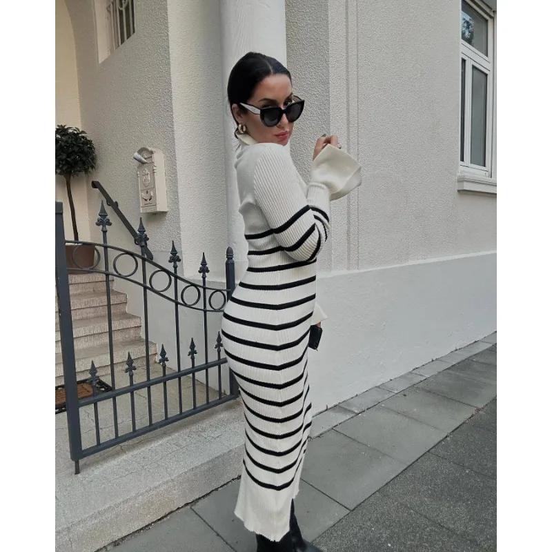 Ootddress Striped V-Neck Knit Maxi Dress For Women Ribbed Patchwork Slim Long Sleeve Elegant Party Dress Loose Knitwear Long Dress