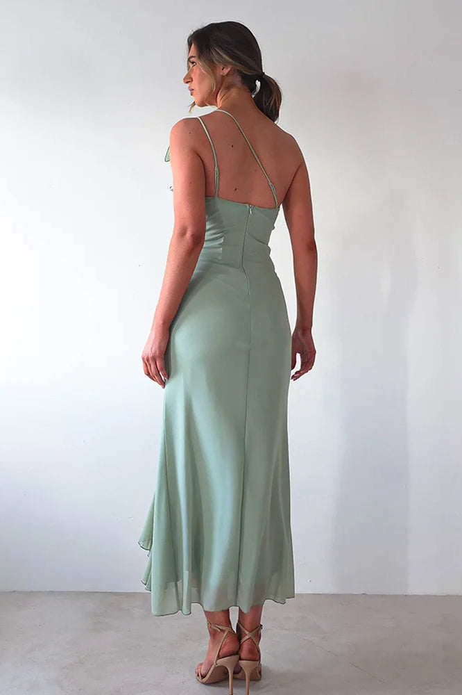 One Shoulder Ruched Vertical Ruffle Front High Split Midi Dress