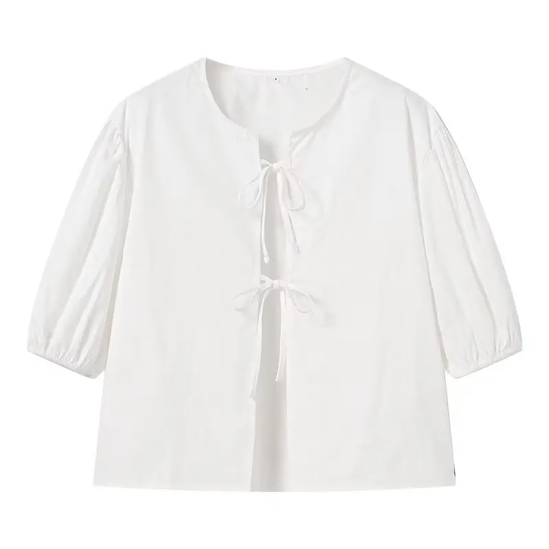 TRAUXY White Lace-up Short Sleeve Shirt For Women Casual Loose Solid Color Patchwork Summer Blouse Female Club Party Outfits