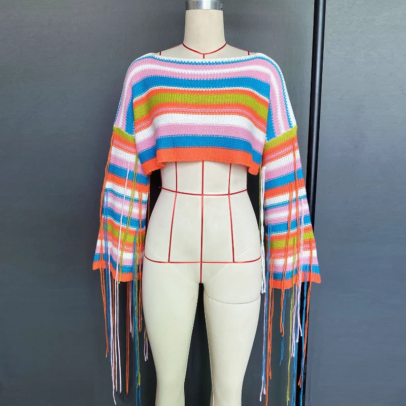 Ootddress Tassel Contrast Holiday Sweater Pullovers For Women Loose Flared Sleeve Beach Boho Knit Female Cover up Pullover Crop top 7 Ootddress Tassel Contrast Holiday Sweater Pullovers For Women Loose Flared Sleeve Beach Boho Knit Female Cover up Pullover Crop top