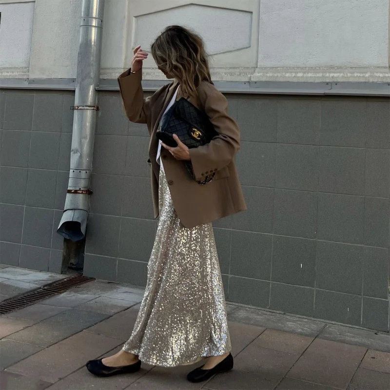 Ootddress Sequins Loose Dress Sets Women Long Sleeve Crop Tops High Waist Sexy Maxi Skirts Ladies Two Piece Suits Womens Outifits