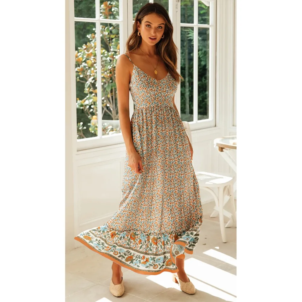 Bohemian Floral Spaghetti Strap Dresses Women Sexy V-neck Backless Casual Beach Vacation Long Dress Female Vestidos Summer New 23 undefined
