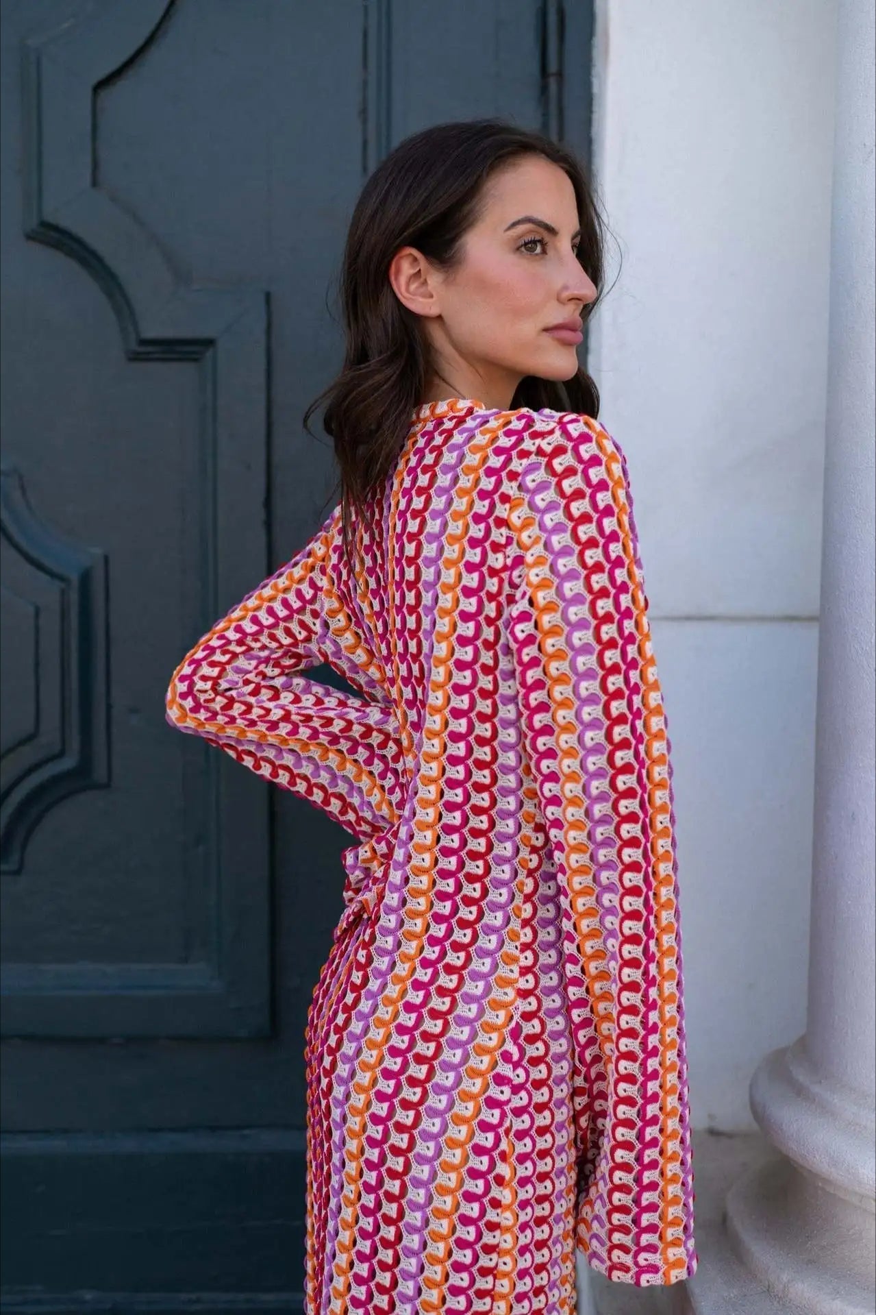 Deep V-Neck Bell Sleeve Geometric Crochet Knit Front Slit Maxi Dress