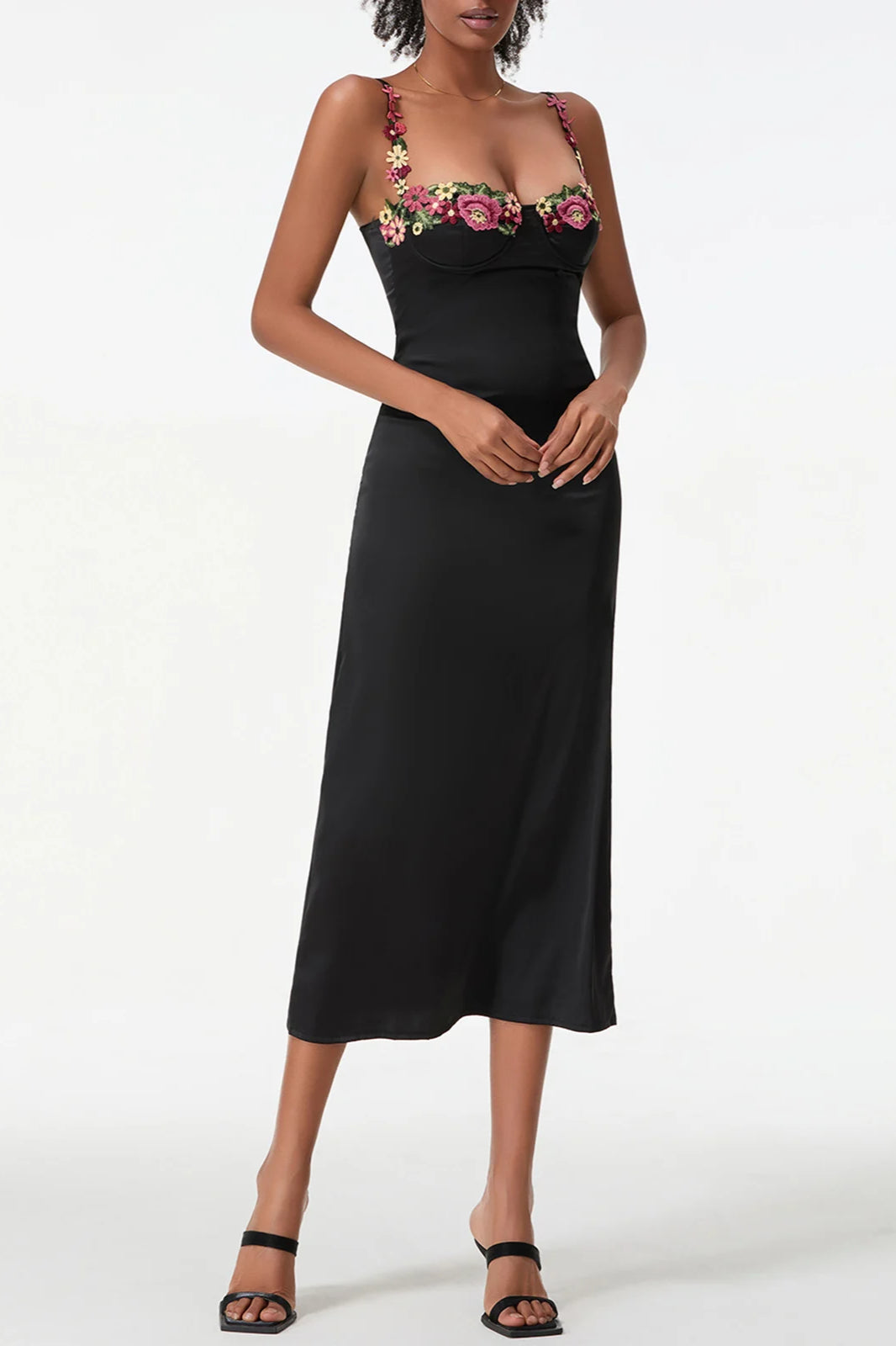 Floral Appliqué Sweetheart Spaghetti Strap Satin Slip Midi Dress