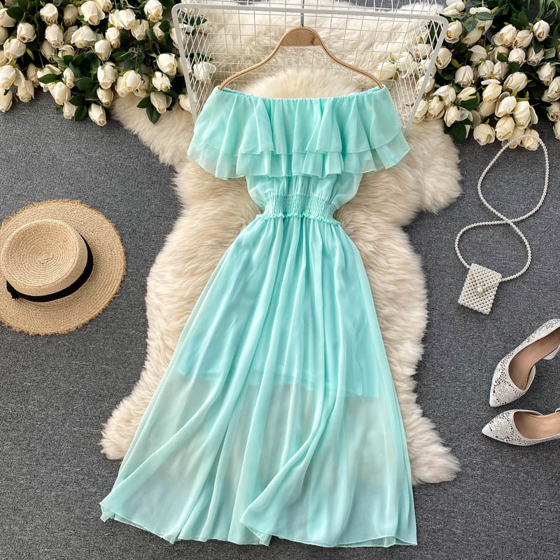 Women Chiffon Beach Dress Sexy Double Layer Ruffled Off The Shoulder Boho Dresses Ladies Sweet Slash Neck Long Dress 18 Women Chiffon Beach Dress Sexy Double Layer Ruffled Off The Shoulder Boho Dresses Ladies Sweet Slash Neck Long Dress