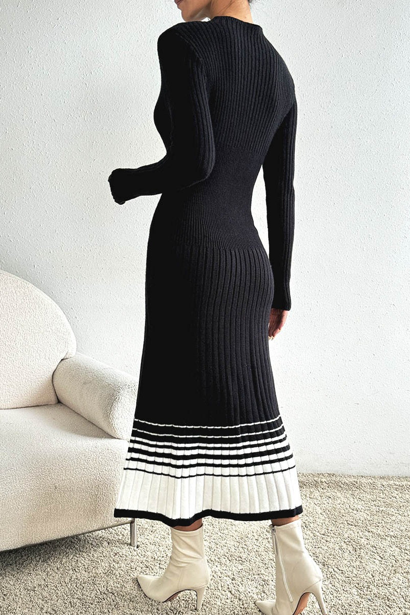 Horizontal Stripe Rib Knit Mock Neck Long Sleeve Midi Sweater Dress