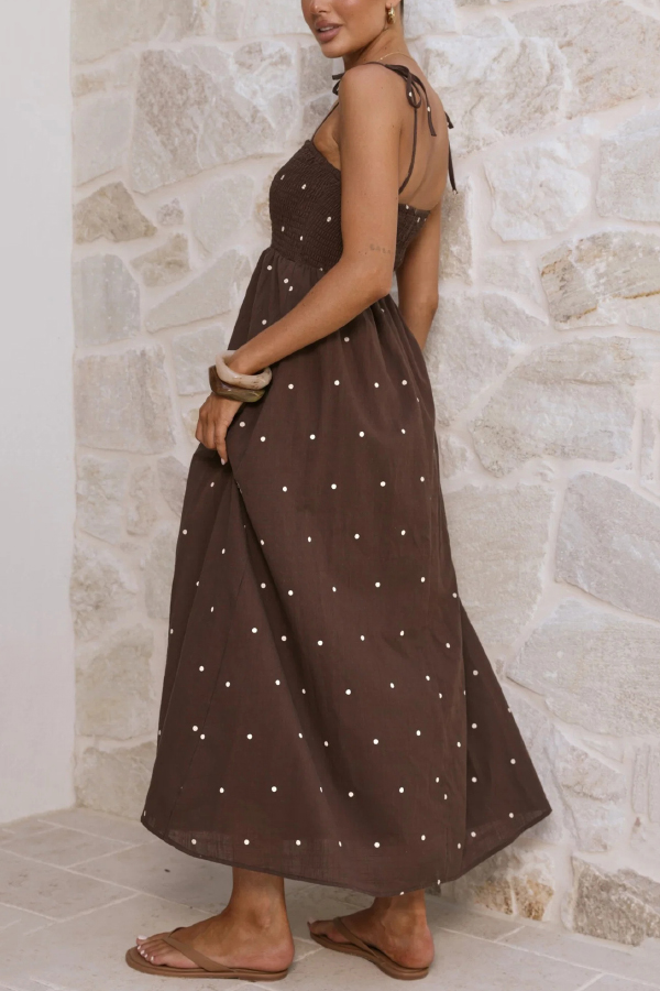 Fashionable Polka Dot Print Suspender High-waisted Pleated Casual Maxi Dress