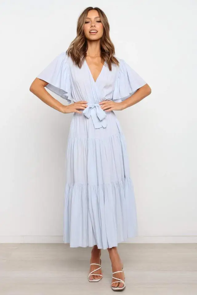 Trendy Solid Color Ruffles Long Dresses Women Sexy V-neck Ruffle Sleeves Leace-up Temperament Elegant Lady Dress 2025 Summer New 41 undefined