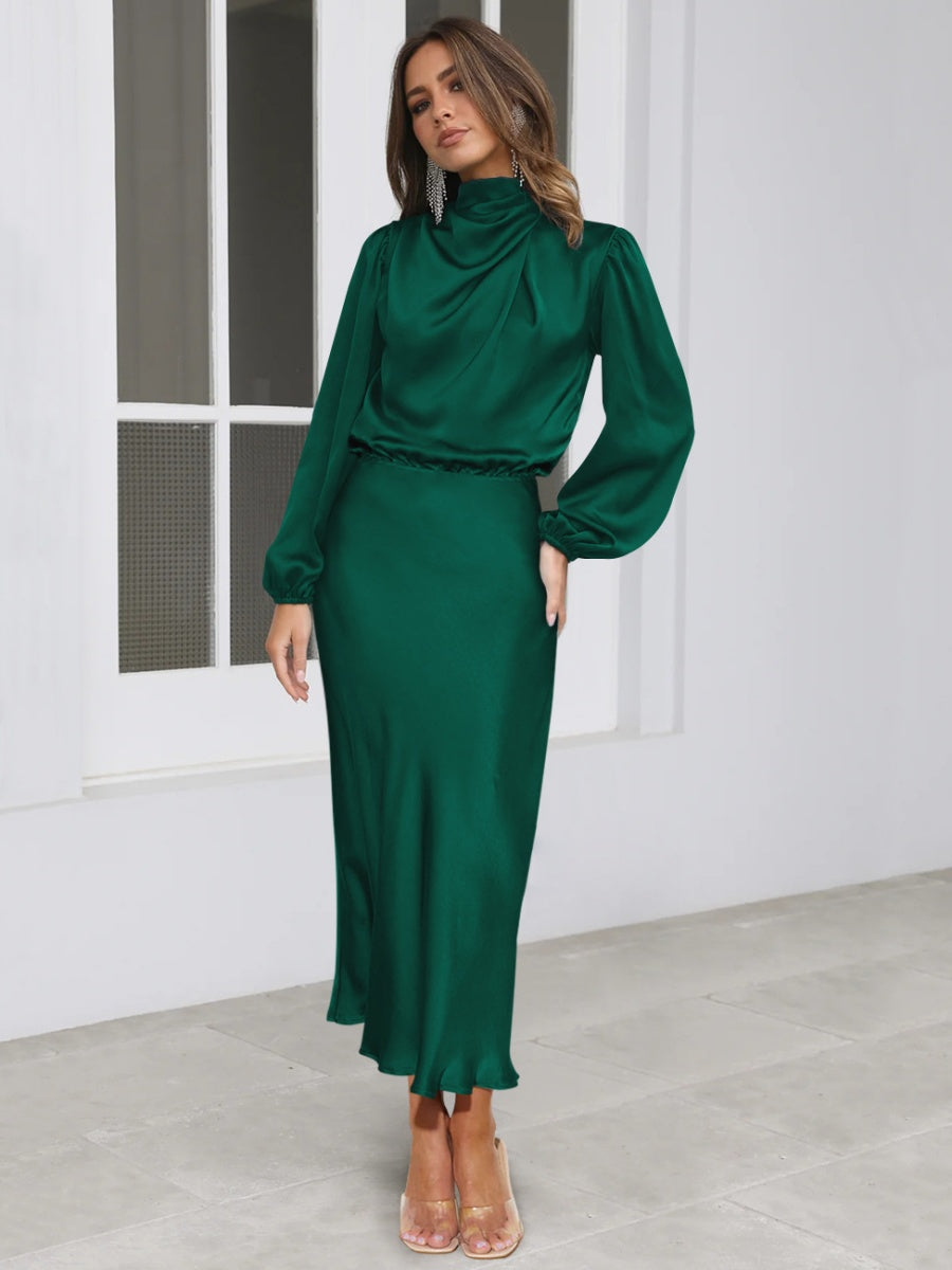 Satin Long Sleeve Zipper Solid Color Maxi Dresses