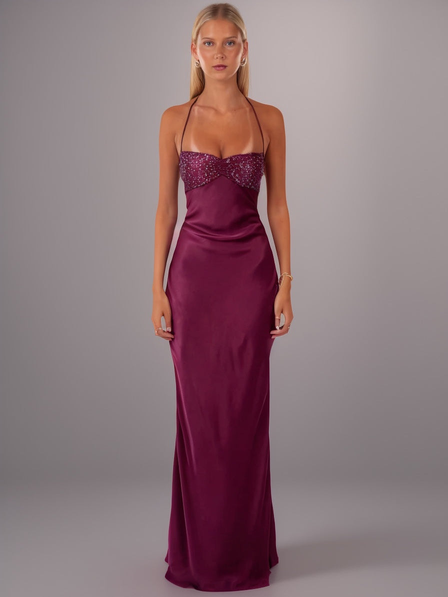 Strapless Sequined Satin Backless Tie-waist Bodycon Maxi Dress