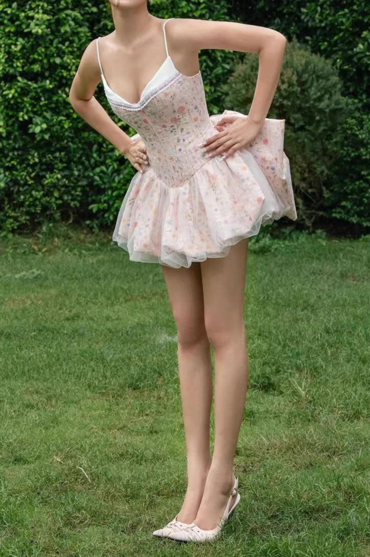 Pink Spaghetti Strap Corset Lace Trim Bubble Skirt Bow Back Mini Dress
