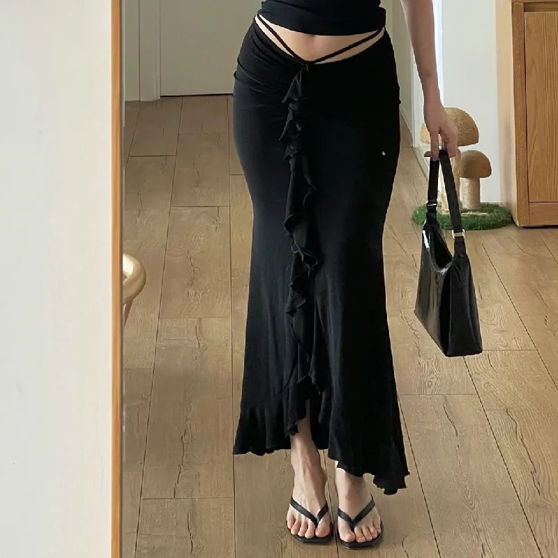 Ootddress Ruffled Fashion Tassel Skirt For Women Casual Patchwork Pleated Y2k Skirt Low Waist Lace-Up Slim Outfits Black Midi Skirt 9 Ootddress Ruffled Fashion Tassel Skirt For Women Casual Patchwork Pleated Y2k Skirt Low Waist Lace-Up Slim Outfits Black Midi Skirt