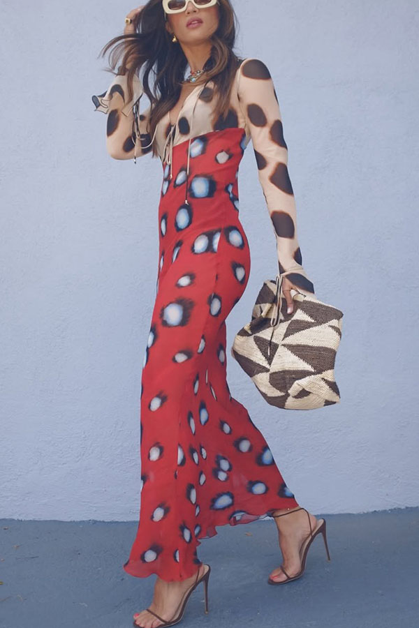 Sabine Animal and Butterfly Print Colorblock Long Sleeve Bias Cut Maxi Dress