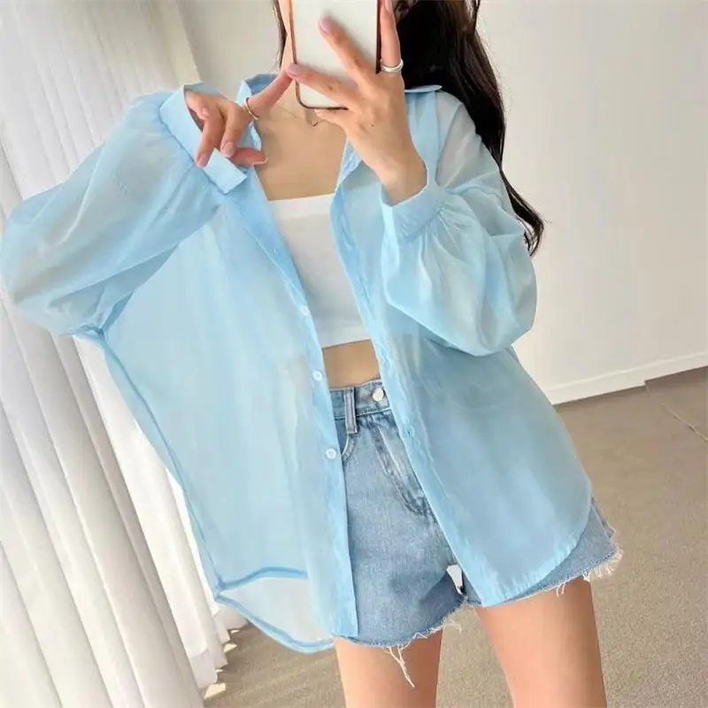Perspective Shirts Women Sheer Thin Chic Summer Simple Solid Sun-proof Top Fashion Blouse Baggy All-match Basic Korean Clothing